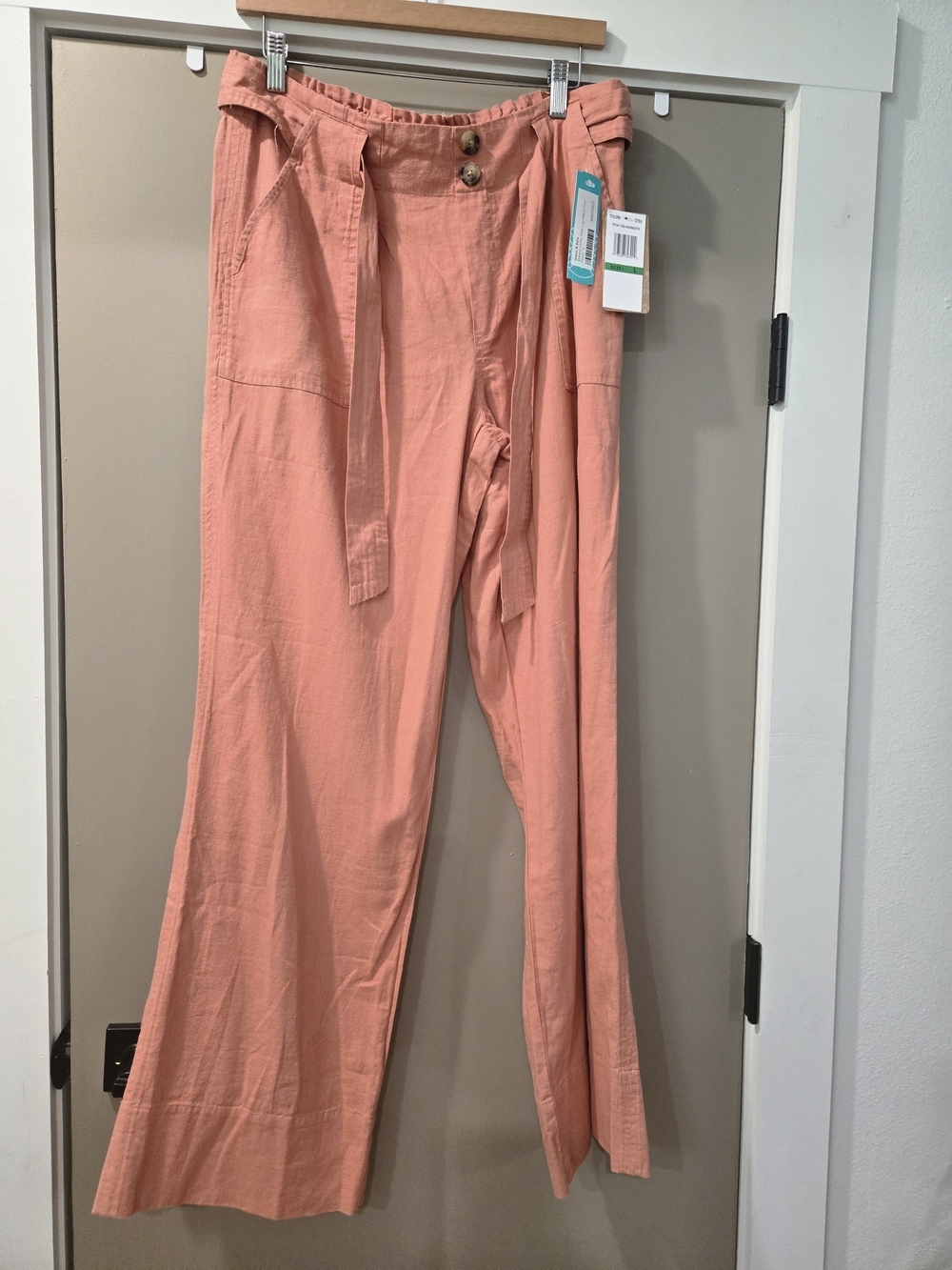 Mason & Belle Coral Rust Linen Rayon Wide Leg Pants L Elastic Waist